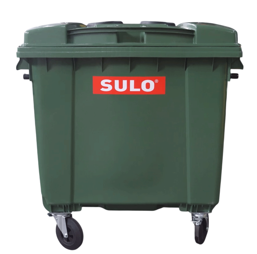 Пересувний сміттєвий контейнер SULO, зелений 1100 літрів, плоска кришка з двома круглими отворами та вбудованим замком